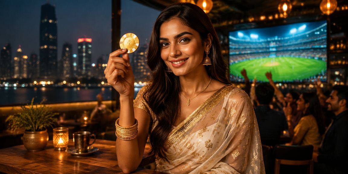 Indian woman wearing saree playing online cricket betting on mobile